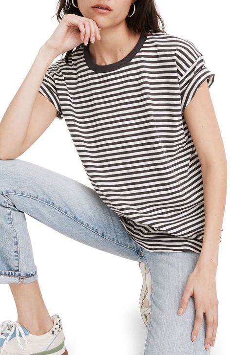 Madewell Damien Stripe Whisper Cotton Rib Crewneck T-Shirt Capsule Wardrobe French, French Wardrobe Essentials, Timeless Wardrobe Essentials, Wardrobe Essentials For Women, Closet Basics, Straight Leg Jeans Outfits, Hawaiian Summer, Madewell Shirts, Combat Style