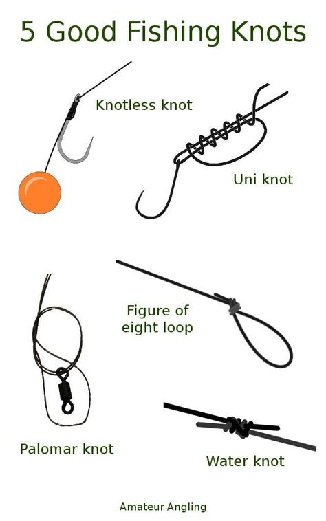 Five fishing knots that between them will tie hooks and swivels or join line. Including the Palomar knot, Uni knot and figure of eight loop knot. Fishing Lure Knot, Uni Knot Fishing, Uni Knot, Diy Fishing Bait, Palomar Knot, Best Fishing Knot, Grinner Fishing Knot, Fishing Line Knots, Best Fishing Lures