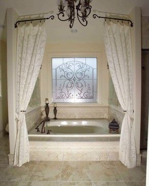 Garden Tub Inspiration, Bathroom Tub Curtain Ideas, Garden Tub Curtain Ideas, Bathtub With Curtains, Roman Tub Decor Master Bath, Bathrooms With Tiled Walls, Corner Garden Tub Decor Master Bath, Soaker Tub Decor Ideas, Bathtub Curtain Ideas