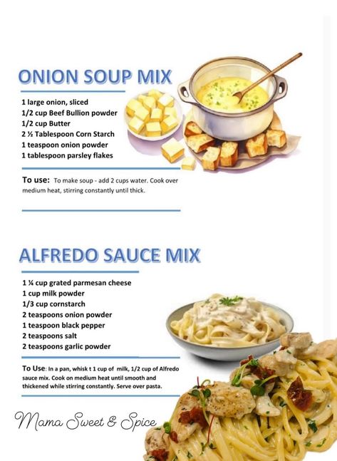 ￼ Easy Homemade Soups, Homemade Dry Mixes, Simple Family Meals, Homemade Spice Mix, Homemade Sauce Recipes, Seasoning And Spice, Homemade Spice Blends, Homemade Alfredo Sauce, Homemade Spices