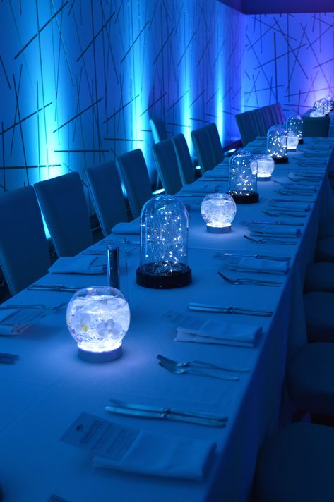 Tron Wedding Theme, Night Under The Stars Theme Table, Starry Night Theme Centerpieces, Night Sky Centerpiece, Midnight Centerpieces, Galaxy Table Decor, Night Sky Party Decorations, Galaxy Themed Centerpieces, Space Themed Wedding Centerpieces