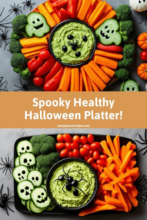 Halloween veggie platter with carved cucumber faces, broccoli, cherry tomatoes, carrot sticks, and green dip garnished with black olives. Halloween Inspired Veggie Tray, Halloween Appetizers Vegetables, Spider Veggie Tray, Kids Halloween Veggie Tray, Ghost Veggie Tray, Halloween Veggie Platter Ideas, Halloween Vegetable Tray Ideas, Halloween Platters For Kids, Halloween Veggie Tray Vegetable Platters