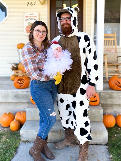 Baby Halloween, diy baby costume, family Halloween costume, baby girl Halloween costume Farmer And Chicken Family Costume, Family Farm Animal Halloween Costumes, Cow And Farmer Costume Halloween, Old Mcdonald Family Halloween Costume, Baby Cow Costume, Cow Costume Pregnant, Pregnant Cow Halloween Costumes, Farmer Costume, Family Themed Halloween Costumes