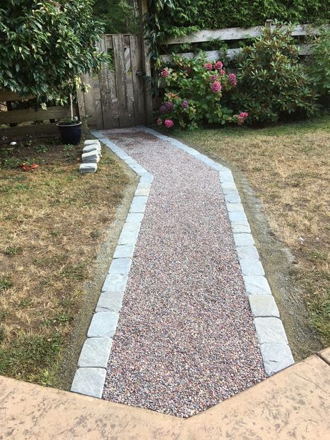 Pathways created with stabilized gravel foundations – CORE Landscape Path To Backyard Gate, Gravel Walkways Paths, Cheap Walkway Ideas, Big Leaf Plants, Gravel Walkway, Gravel Pathway, Gravel Landscaping, Walkways Paths, Stone Patio