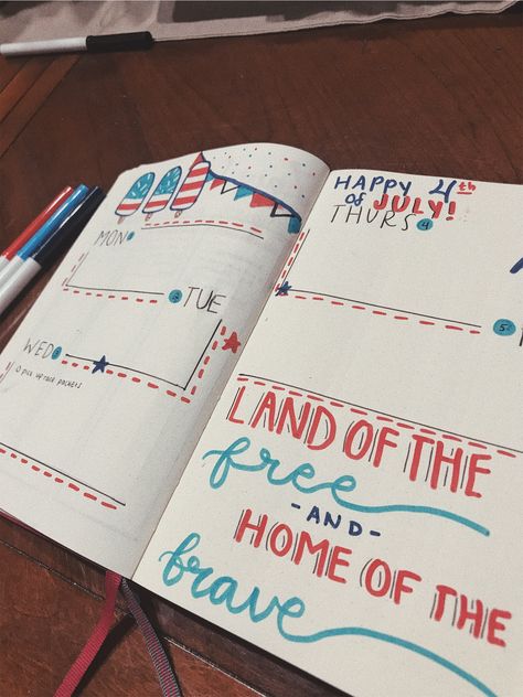 4th Of July Doodles Bullet Journal, 4th Of July Journal Ideas, Fourth Of July Bullet Journal, July Weekly Spread Bullet Journal, 4th Of July Bullet Journal, July Bullet Journal, Creative Doodles, Doodles Easy, Bujo Journal