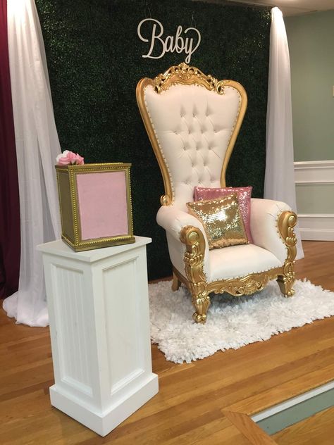 Princess Baby Shower | CatchMyParty.com Baby Shower Chair Ideas, Baby Shower Chair, Sweet 15 Party Ideas Quinceanera, Paris Baby Shower, Sweet 16 Decorations, Ramadan Kareem Decoration, Jungle Baby Shower Theme, Baby Shower Party Ideas, Shower Party Ideas