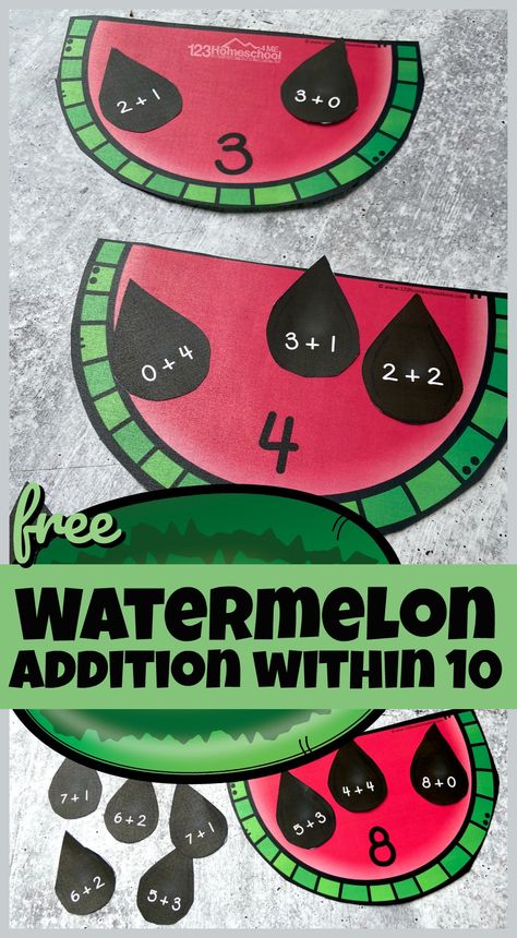 Watermelon Math Activities, Adding Within 10, Watermelon Activities, Addition Within 10, Summer Math Activities, Addition Activity, Summer Learning Activities, Summer Kindergarten, Watermelon Theme