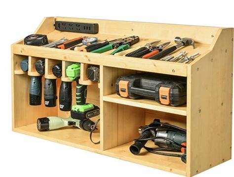 Power Tools Storage, Drill Charging Station, Woodshop Projects, Workbench Ideas, Battery Drill, Power Tool Organizer, Woodworking Organization, Power Tool Storage, Drill Holder