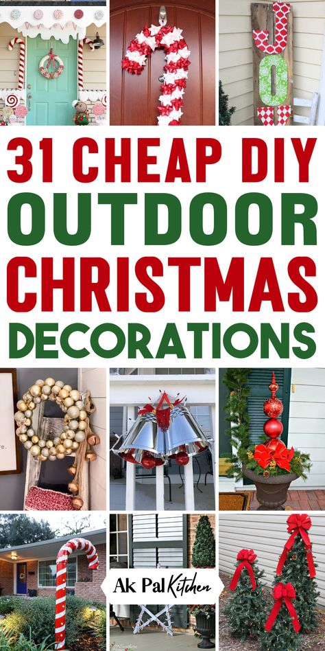 Enhance your holiday home decor with easy diy outdoor Christmas decorations! Transform your front porch into a festive space with DIY Christmas craft ideas and beautiful front door wreaths. Illuminate your lawn with twinkling lights and holiday porch displays. Discover easy ways to decorate your home with Christmas garlands, reindeer decor, and enchanting holiday yard decorations. Create a winter wonderland with these outdoor holiday decorating ideas. So must try these DIY Christmas decorations. Easy Diy Outdoor Christmas Decorations, Diy Outdoor Christmas Decorations, Best Outdoor Christmas Decorations, Outdoor Christmas Diy, Outside Christmas Decorations, Christmas Yard Decorations, Christmas Front Doors, Christmas Porch Decor, Christmas Decorations Diy Outdoor