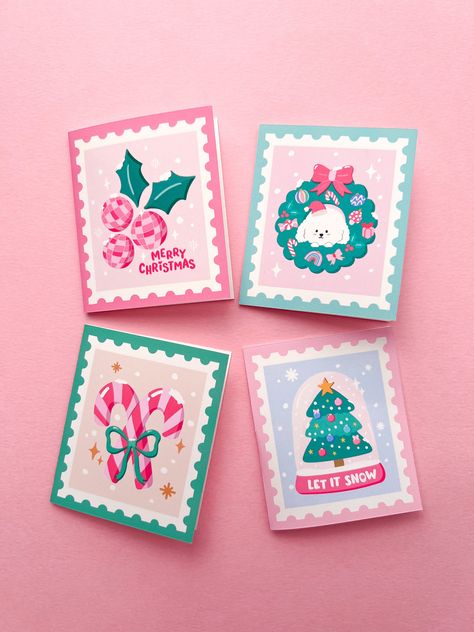 "This 4 Mini Christmas Stamps card set is perfect for a quick festive note and to add a finishing touch to a gift.   2.5\" W x 3\" H 4 mini cards & white envelopes Blank inside Made in Los Angeles" Christmas Envelope Illustration, Christmas Card Cutout, Cricut Christmas Card Ideas, Christmas Aesthetic Cards, Christmas Card Ideas For Friends, Gift Card Illustration, Christmas Gift Card Ideas, Cute Christmas Cards Handmade, Christmas Cards Cricut