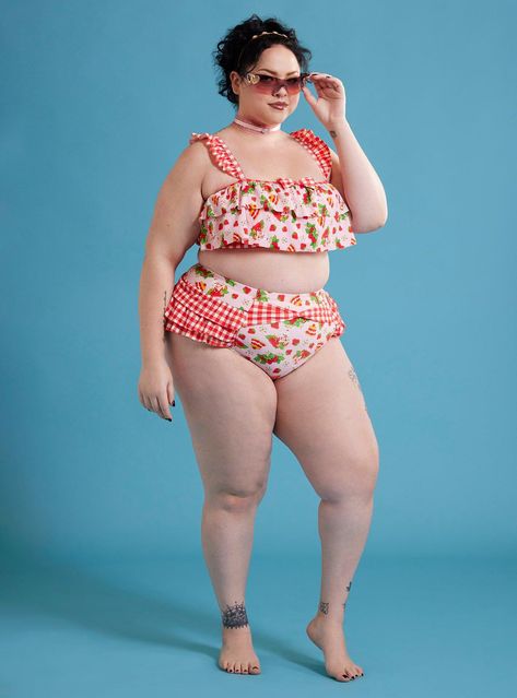 Bring your picnic poolside with these berry sweet swim bottoms! Featuring an allover print of Strawberry Shortcake  dessert and strawberries. Comes with a red gingham ruffle skirt and bow detailing. Pair with the matching top to complete your look!Top not included.Swimwear can only be returned unworn with original tags intact and sanitary panel in place.82% nylon; 18% spandexHand wash cold; dry flatImportedModel is 5'9''Model wears size 1 Strawberry Shortcake Dessert, Anatomy References, Plus Swim, Tools Drawing, Tall Hoodies, Plus Size Swim, Seductive Clothes, Plus Size Fits, Red Gingham