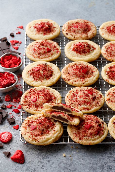 Chocolate Stuffed Strawberry Sugar Cookies | Love and Olive Oil February Cookies, Stuffed Strawberry, Strawberry Sugar Cookies, Cookies Love, Strawberry Sugar, Chewy Sugar Cookies, Freeze Dried Fruit, Freeze Dried Strawberries, Fruit Mixes