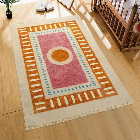 PRICES MAY VARY. Eye-catching Boho Style: Bring softness, brightness, and warmth to your home with this rug, showcasing a colorful sun motif in soothing hues. A cute yet interesting look that will fit a wide array of home decors. Skin-Friendly & Low Profile: 100% Premium polyester. Machine-made and dyed by advanced technology, has good fastness, is largely soft. The 0.4'' thick low-pile rug will not obstruct doorways, ideal for any area in your home. Non-slip & Non-Shedding: Anti-skid fabric wit Bright Room Target, Rugs For Bedrooms Boho, Bright Boho Rug Living Room, Playroom Corner In Living Room With Rug, Bedroom With Rainbow Rug, Playroom Art Area Bohemian, Play Room Kids Rugs, Nursary Rugs, Orange Boho Rug Bedroom