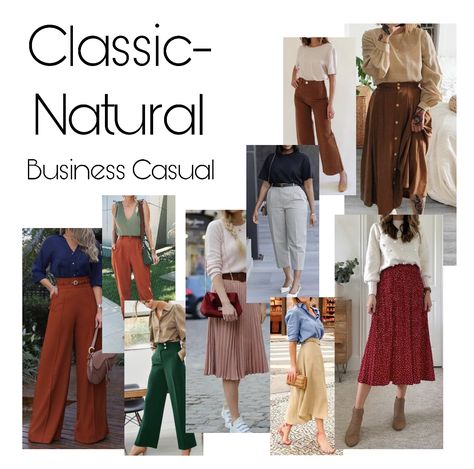 A collage of Classic-Natural essence inspiration for business casual. Natural Classic Essence Outfits, Natural Classic Style Essence, Natural Romantic Style Personality, Flamboyant Natural With Classic Essence, Romantic Natural Classic Essence, Classic Natural Style Outfit, Natural Classic Style Personality House Of Colour, Natural Classic Style Outfits, Soft Natural Business Casual