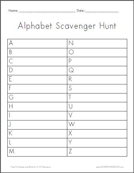 Alphabet Scavenger Hunt Worksheet - Free to print (PDF file). Alphabet Scavenger Hunt, Scavenger Hunt For Kids, Boredom Busters, Rainy Day Activities, Alphabet Activities, Summer School, Word Work, The Alphabet, Scavenger Hunt