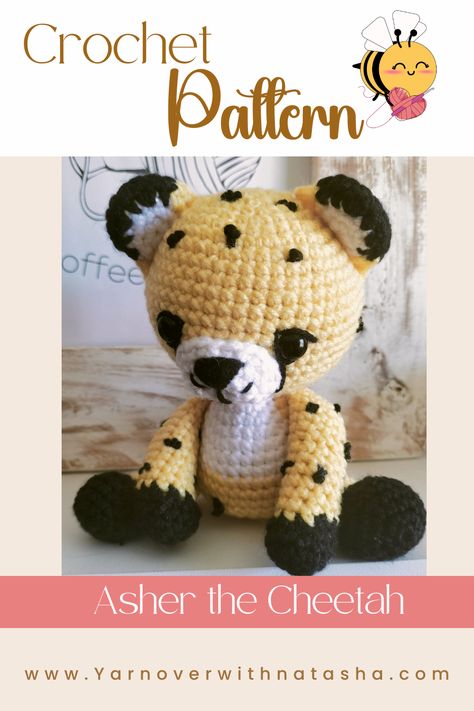 Black and yellow amigurumi cheetah with a white chest and black spots. Easy to follow crochet pattern for an amigurumi cheetah pattern Crochet Cheetah Pattern, Free Crochet Cheetah Patterns, Jaguar Crochet Pattern Free, Leopard Crochet Pattern, Crochet Cheetah Pattern Free, Cheetah Crochet Pattern, Cheetah Amigurumi, Crochet Cheetah, Crochet Leopard