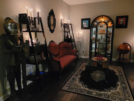 Gothic Aesthetic Apartment, 70s Goth Aesthetic Home, Victorian Themed Living Room, Dark Home Aesthetic Living Room, Gothic Rental Apartment, Vampy Home Decor, Whimsical Goth Living Room, Alternative Apartment Aesthetic, Whisimgoth Home