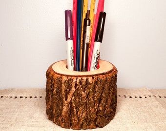 ManMade Woods creates unique crafts out of natural by ManMadeWoods Natural Wood Desk, Pencil Cup Holder, Wooden Pen Holder, Cool Office Supplies, Rustic Office, Wood Office, Office Organizer, Pencil Organizer, Pen And Pencil