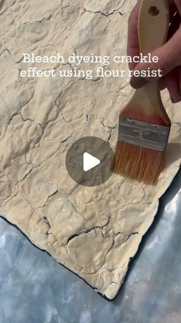 Ashley Owens on Instagram: "Did you think it would work? Because I was iffy the whole time but I’m so in love with the results! Here’s how I did it:  • If you don’t know how to make flour resist then go to my previous reel and follow the instructions up until you add the dye.  • So I decided to go the paint it on route using Clorox liquid bleach. I think that is why the crackle veins are so large but I’m thinking if you spray it on you’ll have more control over it.  • The longer you let the bleach stay on the more it will penetrate so be quick with the hose to spray off the flour paste.  • To neutralize the bleach, immediately wash it out in a bath of 1 part hydrogen peroxide & 10 parts water before putting in the washer & dryer.  • And make sure to wear proper PPE when handling bleach! Ha Bleach Dye Painting, Bleach Stamping, Rust Dyeing, Make Flour, Paper Mache Recipe, Bleach Painting, How To Make Flour, Rust Dye, Upcycling Fashion