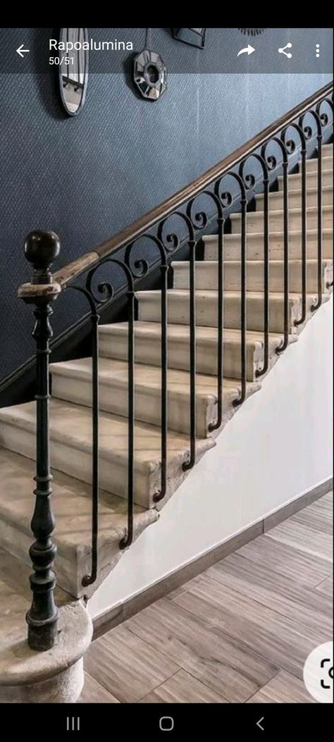 Stair Metal Railing Ideas, Staircase Metal Railing, Free Standing Staircase, Staircase Design Iron, Staircase Railing Design Wrought Iron, Wrought Iron Stair Railing Spanish Style, French Staircase, Mediterranean Staircase Iron Railings, Curved Iron Stair Railing