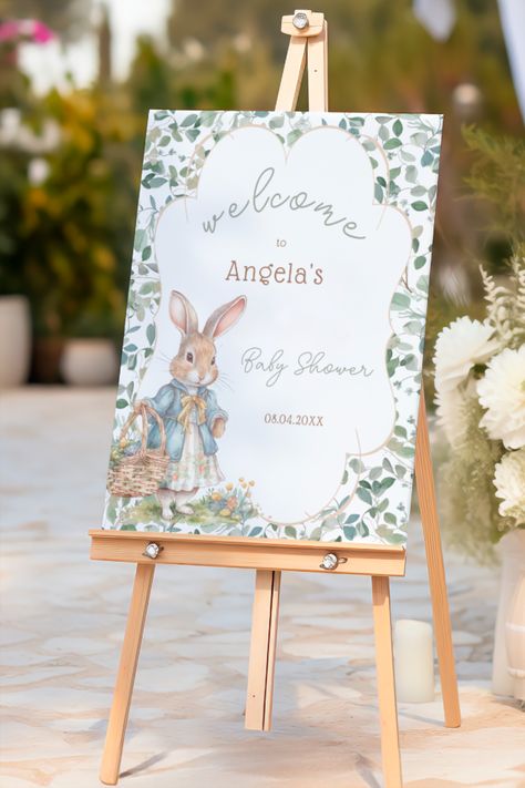 Editable Greenery Peter the Rabbit Baby Shower Welcome Sign with a charming Peter Rabbit and greenery design. Bunny Baby Shower Theme, Peter The Rabbit, Bunny Theme, Bunny Baby Shower, Chic Baby Shower, Elegant Baby Shower, Baby Shower Photos, Rabbit Baby, Shower Welcome Sign