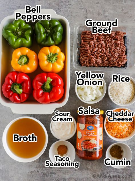 Stuffed Bell Peppers Taco Ground Beef, Diy Stuffed Peppers, Diced Bell Pepper Recipes, Stuffed Bell Peppers Rice And Beans, Filled Bell Peppers Ground Beef, Pepper Stuffed Beef, Stuffed Bell Peppers Ground Beef Recipe, Ground Meat And Bell Pepper Recipes, Hamburger And Rice Stuffed Bell Peppers