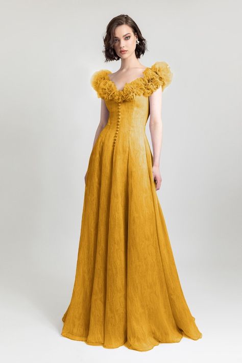 Gemy Maalouf Mustard Dress, Long Outfit, Ruffle Gown, Evening Dresses Online, Mustard Dressing, Cut Dress, Tulle Gown, Ruffled Sleeves, Dress Cuts