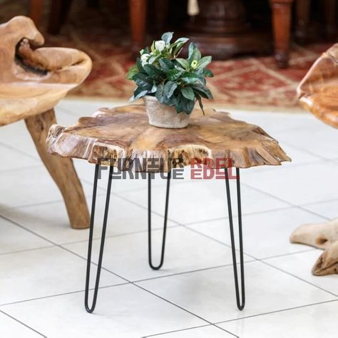 Rustic charm meets modern elegance ✨ Our live edge wooden side table is more than just furniture – it’s a statement. Whether it’s an accent piece or a plant stand, this stunning combination of natural wood grain and sleek hairpin legs will bring a touch of nature and sophistication to any room. 🌿 #FurnitureRebel #RusticFurniture #WoodenSideTable #LiveEdgeTable #NaturalWood #FurnitureDesign #HomeDecor #InteriorInspiration #ModernRustic #AccentPiece #handcraftedfurniture #SustainableDesign #Cu... Wooden Side Table, Live Edge Table, Hairpin Legs, Hand Crafted Furniture, Rustic Furniture, Sustainable Design, Live Edge, Modern Elegance, Plant Stand