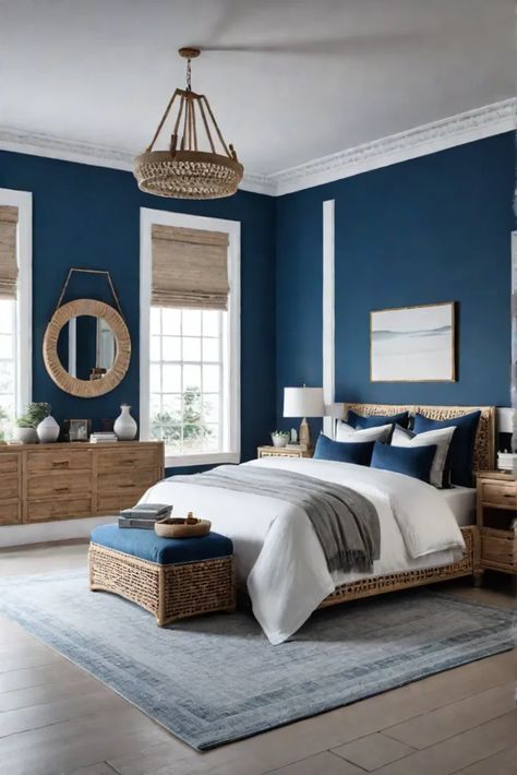 Blue Bedroom with Natural Textures Blue Accent Wall Bedroom Decor, Navy Blue Accent Wall Bedroom, Neutral Bedroom Colors, Neutral Bedroom Paint Colors, Hacienda Style Homes Interiors, Bedroom Paint Schemes, Neutral Bedroom Paint, Blue And Cream Bedroom, Michael Tattoo