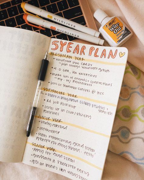 here’s part of my bullet journal five year plan! I’m trying to make the most out of college and help gradually build my resume so I hope this will keep me on track!! My Life Plan, 5 Year Vision Board Ideas, How To Plan Your Future, How To Make A Five Year Plan, College Journal Ideas, 5 Year Plan Vision Board, Freshman Year Scrapbook Ideas, Freshman Scrapbook, 5 Year Plan Template