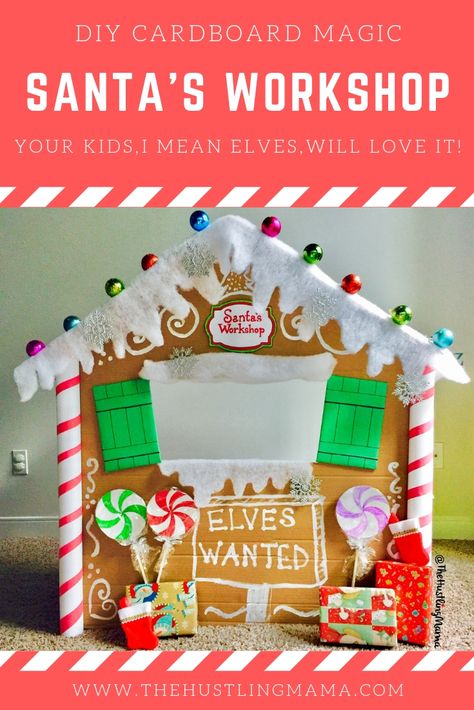 DIY cardboard magic at its finest! Enjoy the Christmas holidays by grabbing a piece of cardboard and basic craft supplies to make this amazing Santa's Workshop stand! To see more kid-friendly, fun, and creative craft projects and ideas at www.TheHustlingMama.com . Santa Workshop Parade Float, Cardboard Santas Workshop, Santa Workshop Decorations Diy Office, Santas Workshop Float Ideas, Diy Santa’s Workshop, Santa Workshop Gingerbread House, Santa House Diy, Santas Workshop Gingerbread House Ideas, Santa’s Workshop Office Decorations