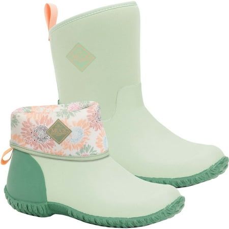 Muck Boots best selling all-purpose Muckster shoe now available in Mid height; the Muckster II. This women's 7-inch pull-on boot, in Reseda green, features a deep green accent at the heel and can be worn rolled up for days when you need extra coverage, or rolled down revealing a cheery Sunflower print on warmer days. Worn either way, you'll be ready to tackle whatever lies ahead. They will keep your feet warm with 4mm of Neoprene and 100-percent dry on those cool, wet mornings. This casual style offers a new high traction, rubber outsole and that provides traction on wet surfaces and easily sheds debris. Whether you're in the garden, running errands, or walking the dog, you'll enjoy these booties. Size: 6.  Gender: female.  Age Group: adult. Reseda Green, Garden Boots, Boot Companies, Muck Boots, Mid Boots, Pull On Boots, Sunflower Print, New Wardrobe, Deep Green