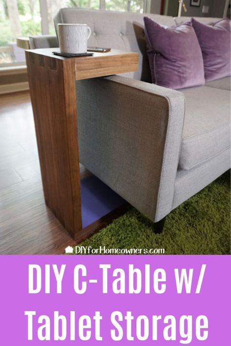 How to Build a Modern Sliding Sofa Side Table - Mother Daughter Projects Sliding Sofa, Tray Side Table, Sofa End Table, Sofa Table Decor, Tablet Storage, Modern Sofa Table, Tv Tray, Diy Side Table, Diy End Tables