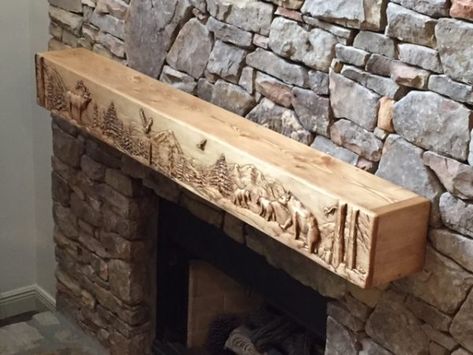 Fireplace Mantel featuring Elk, Eagle & Bears with Fruitwood Finish - Fireplace Mantels & Shelves Mantle Ideas Fireplace, Wood Mantle Fireplace, Custom Fireplace Mantels, Rustic Mantle, Carved Fireplace, Fireplace Mantel Shelf, Wood Mantle, Window Planters, Rustic Fireplaces