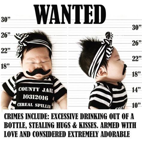 Wanted for being too adorable | Baby Jail Costume | Baby Prisoner Costume Best Baby Costumes, Baby Jail, Prisoner Costume, Baby Boy Newborn Pictures, Funny Costume, Monthly Baby Photos, Baby First Halloween, Baby Costume, Baby Monthly Milestones