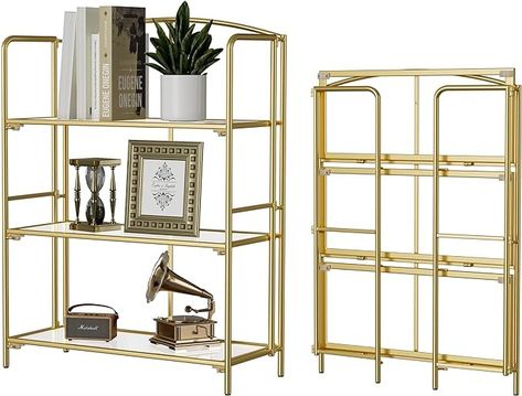 Amazon.com: Crofy No Assembly Folding Bookshelf for Living Room, 3 Tier Gold Collapsible Book Shelf for Home Office, Portable Bookcase Storage Organizer : Home & Kitchen Folding Bookshelf, Bookshelf Metal, Gold Bookshelf, Apartment Things, Coastal Farmhouse Style, Gold Shelves, Display Family Photos, Bookcase Organization, Office Bookcase