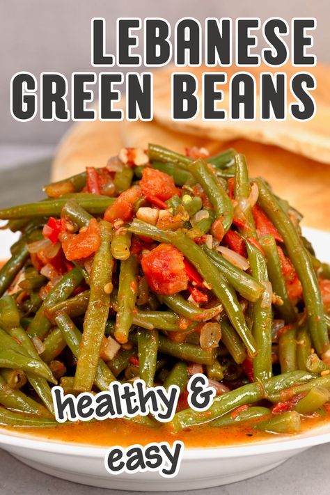 Lebanese Green Beans, Lebanese Recipes Authentic, Easy Green Bean Recipes, Green Bean Dishes, Cooking Fresh Green Beans, Braised Greens, Roasted Red Pepper Dip, Easy Green Beans, Stuffed Pepper Dip