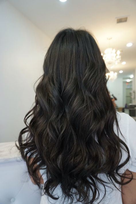 Waves, extensions, curls, dark hair Soft Waves Black Hair, Beach Wave Black Hair, Beachy Waves Black Hair, Body Wave Extensions, Beach Waves Extensions, Dark Brown Beach Waves, Long Dark Curled Hair, Long Dark Hair With Extensions, Soft Curls Black Hair