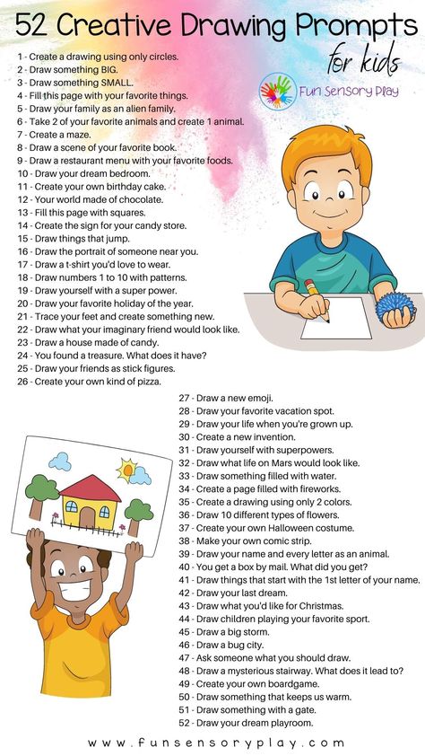 Creative drawing prompts for kids How To Imagine Things, Fun Drawing Prompts, Funny Art Prompts, Drawing Ideas For Classroom, Kindergarten Drawing Prompts, Kids Drawing Challenge, Drawing Club Ideas, Sketchbook Prompts For Kids, Middle School Drawing Prompts