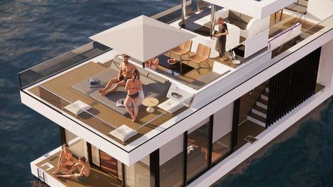 Houseboat - HSB Marine | Floating Solutions Houseboat Design, Small Houseboats, Boathouse Design, Pontoon Houseboat, Floating Bar, Luxury Houseboats, Floating Homes, Houseboat Living, House Boats