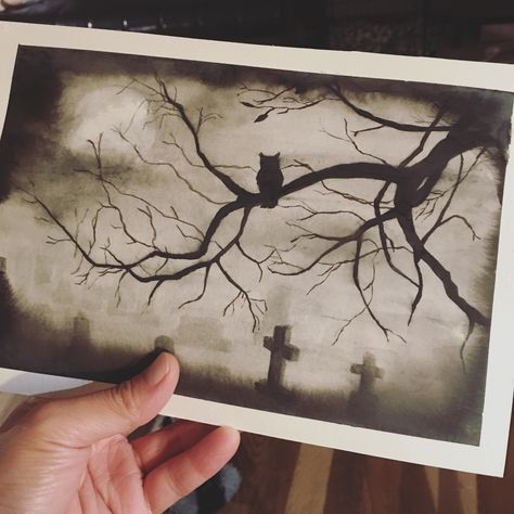 Watercolor Spooky Tree, Graveyard Watercolor Painting, Emo Watercolor Paintings, Goth Watercolor Paintings, Halloween Charcoal Drawing, Spooky Watercolor Paintings, Scary Watercolor Paintings, Gothic Watercolor Paintings, Watercolor Dark Art