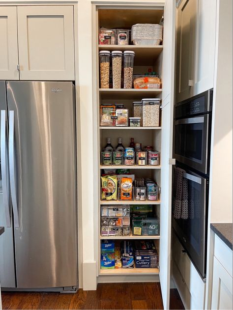 Small Pantry Beside Refrigerator, Pantry Design Small Spaces, Shelves Next To Fridge, Realistic Pantry, Pantry With Fridge, Pantry Cupboard Designs, Utility Pantry, Shallow Pantry, Meadow Cottage