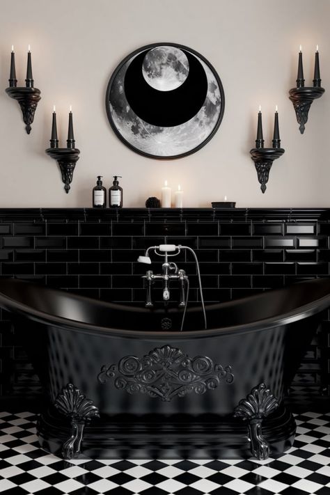 Unleash your inner witch with these captivating bathroom ideas! Incorporate black candles, moon phase mirrors, and dark, mystical decor to create a spellbinding space filled with elegance and mystery. Step into your sanctuary of enchantment #WitchyBathroom #MysticalDecor #DarkElegance #EnchantedHome #GothicBathroom #WitchyVibes #BathroomTransformation #DarkAesthetic #BohoWitchDecor #MysticalSpaces Gothic Restroom, Black Boho Bathroom, Goth Bathroom Ideas, Boho Witch Decor, Witchy Bathroom Ideas, Witch Bathroom, Witchy Bathroom Decor, Dramatic Bathroom, Witchy Bathroom