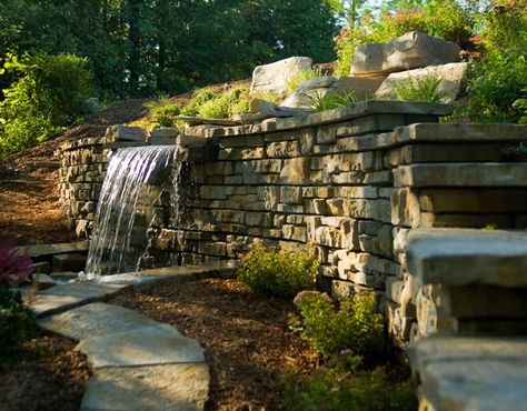 Waterfall coming out of a retaining wall...cool idea for the pond. Backyard Retaining Walls, Building A Pond, Outdoor Ponds, Fountains Backyard, Backyard Water Feature, Pond Landscaping, Natural Pond, Waterfalls Backyard, Pond Design