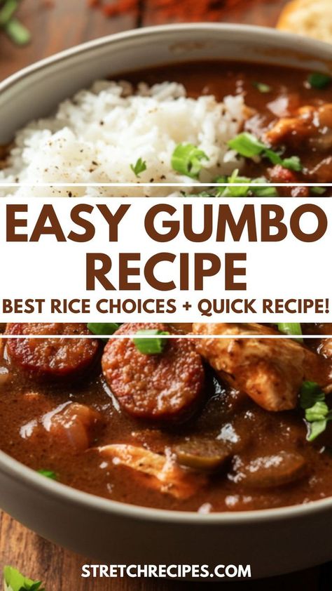 Curious about the best rice for gumbo? Upgrade your chicken and sausage gumbo with rice by using the right variety! Our easy gumbo recipe is perfect for any occasion, whether you're cooking for two or hosting a crowd. Don’t forget to save and visit for the best gumbo recipe! Cheap Gumbo Recipe, Pressure Cooker Gumbo, Gumbo With Rice, Gumbo Rice Recipe, Dutch Oven Gumbo Recipes, Gumbo Recipe Easy Crock Pot, Easy Chicken Gumbo, Chicken Gumbo Recipe Louisiana, Mild Gumbo Recipe