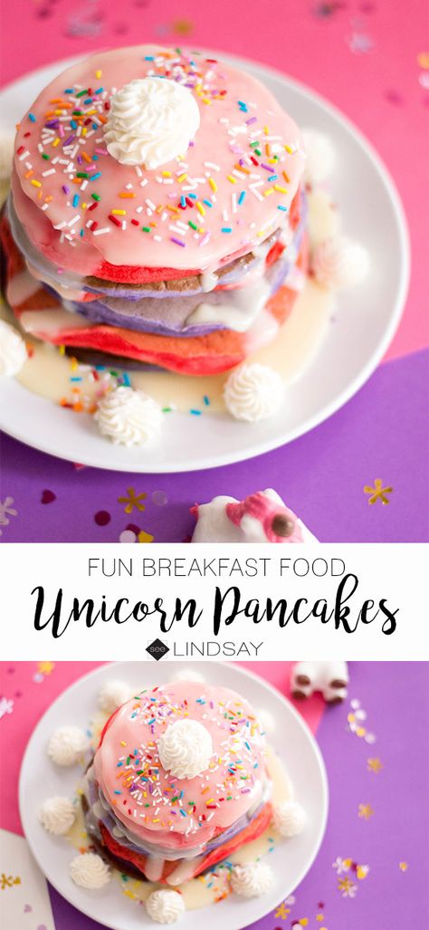 How to Make Unicorn Pancakes | Unicorn Pancake Recipe | seeLINDSAY Unicorn Birthday Party Food Dinner, Unicorn Breakfast Ideas, Unicorn Waffles, Princess Pancakes, Pancake Birthday Cake, Unicorn Pancakes, Bachelorette Brunch, Unicorn Party Food, Pancake Party