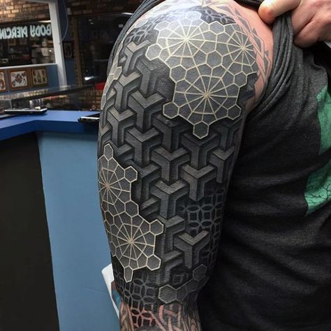 Mens Arms Black And White 3D Blocks Tattoo Block Tattoo, White Ink Tattoos, Black Sleeve Tattoo, Tatoo 3d, Geometric Sleeve Tattoo, Blackout Tattoo, White Ink Tattoo, Geometry Tattoo, Muster Tattoos