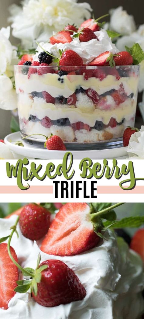 This berry trifle has two layers of angel food cake, sweet vanilla-lemon cream cheese, vanilla pudding, mixed berries and topped with cool whip. #angelfoodcake #summerdessert #summerrecipes #fourthofjuly #strawberry #raspberry #raspberrydessert #onepandesssert #nobakedessert #trifle #fruittrifle Mixed Berry Trifle, Angel Food Trifle, Angel Food Cake Trifle, Oreo Trifle, Snickers Dessert, Trifle Bowl Recipes, Trifle Dessert Recipes, Keto Pudding, Angel Food Cake Desserts