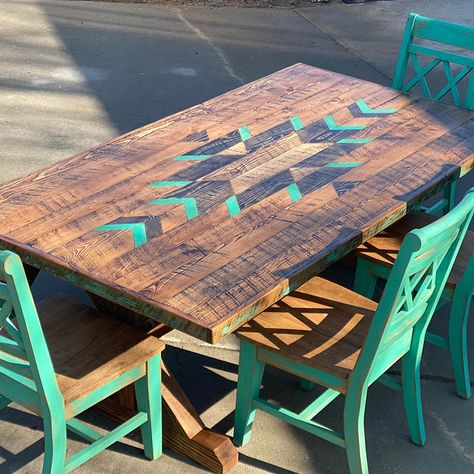 Handmade Custom Dining Room Table Rockin Cross Ranch Scrapwood Project Diy, Ranch House Dining Room, Western Dining Table, Boho Kitchen Table, Blue Kitchen Tables, Ranch Table, Western Dining Room, Rustic Painted Furniture, Southwestern Kitchen