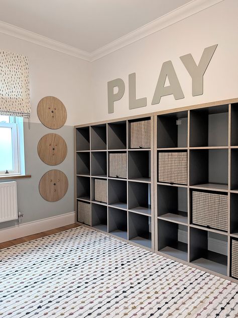 Modern Playroom Ideas For Adults, Large Playroom Layout, Billy Bookcase Playroom Storage, Basement Family Room Playroom, Basement Playroom Storage, Ikea Playroom Storage Ideas, Small Kids Play Area, Industrial Playroom, Boys Playroom Ideas